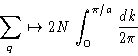 \begin{displaymath}
\sum_q \mapsto 2N\int_0^{\pi/a}\frac{dk}{2\pi}\end{displaymath}